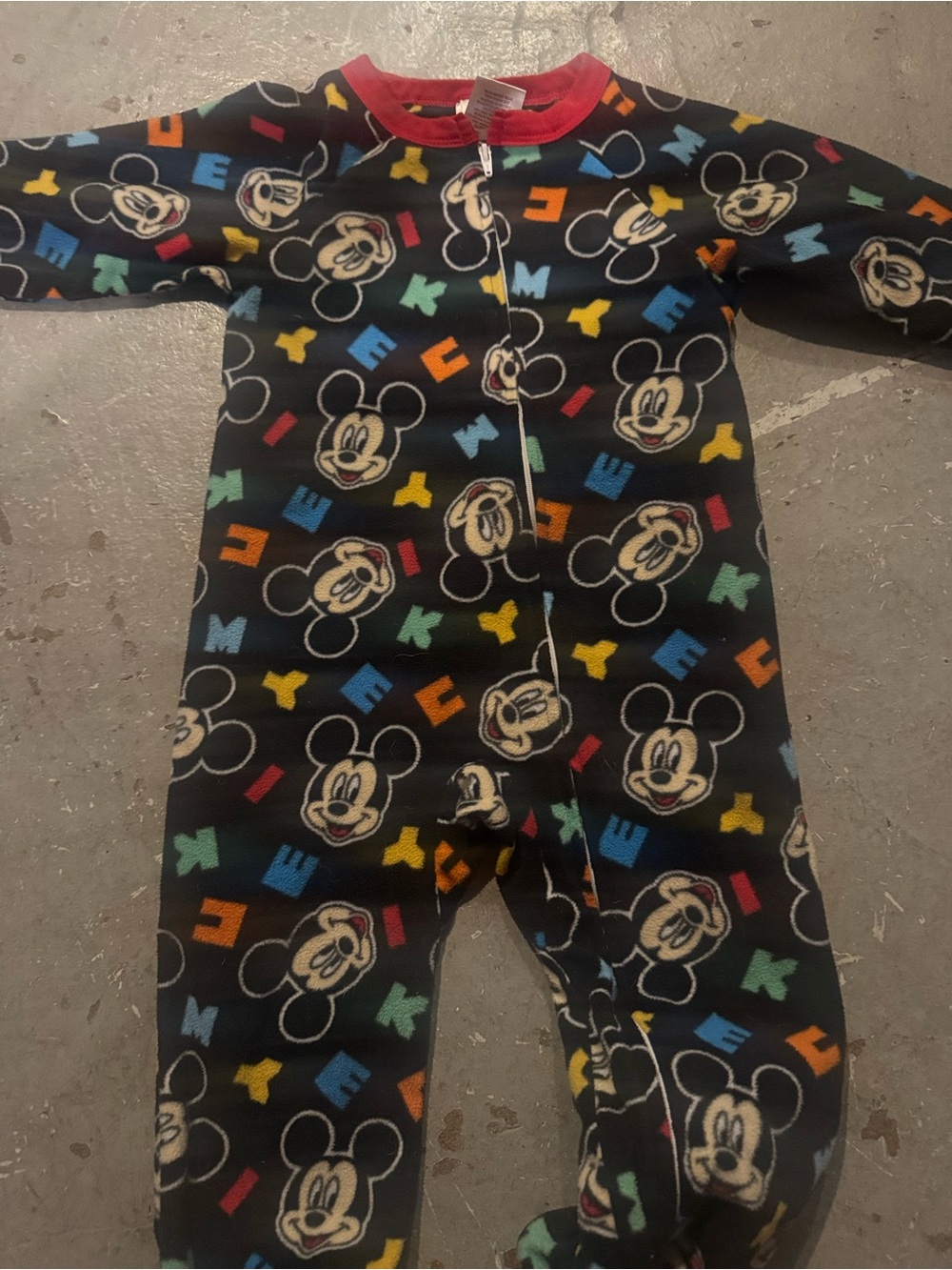 Disney Black Fleece Mickey Mouse Footed One-Piece Pajamas with Red Neck Trim